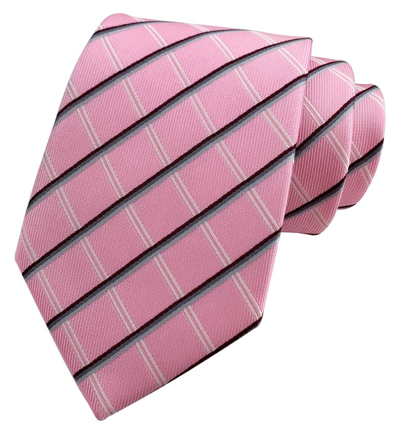 Ctskyte Men's Stripe Pink Checks Plaids Silk Tie Groomsmen Wedding Necktie Birthday Gift - Image 1
